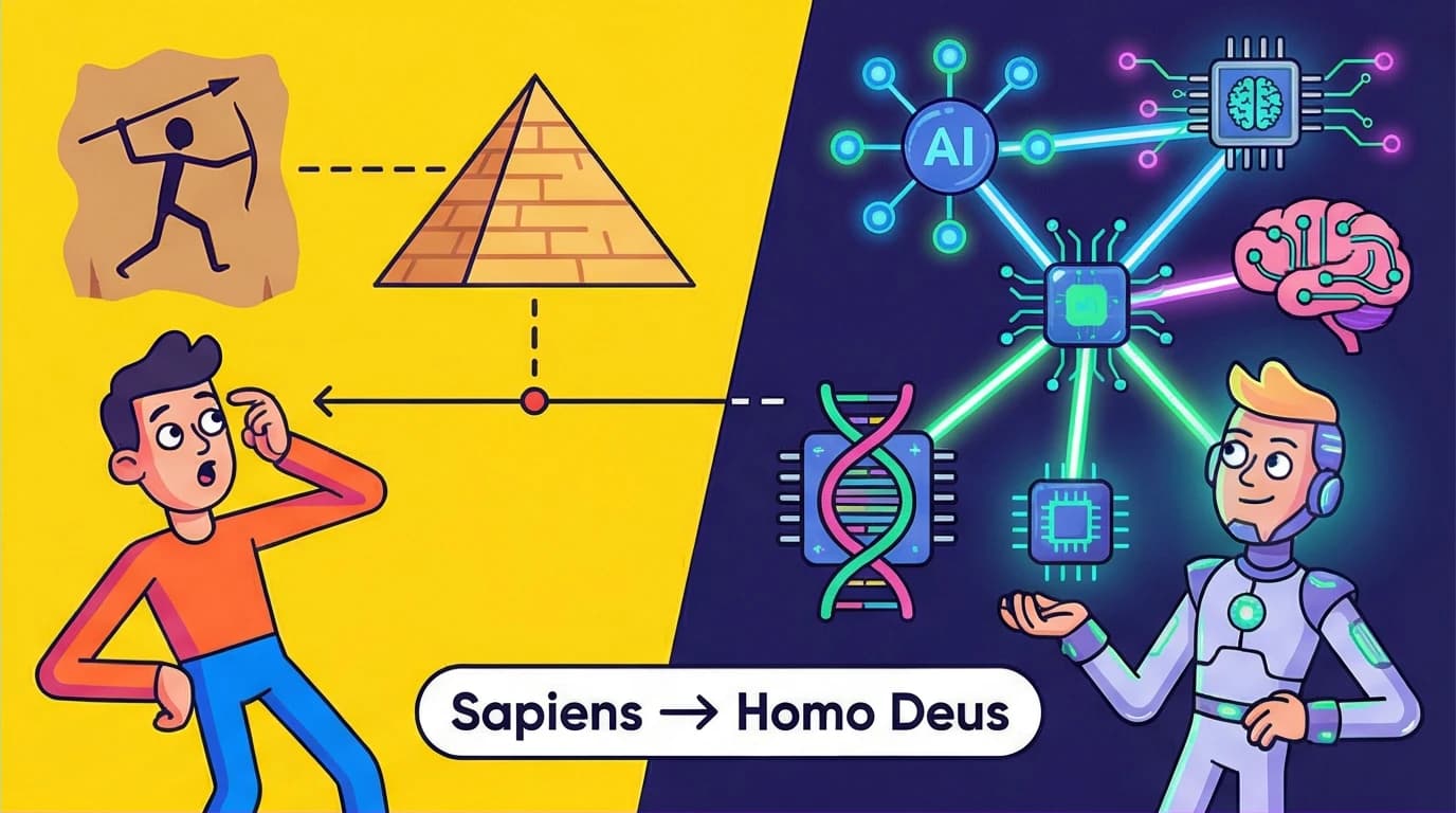 A conceptual graphic showing the Sapiens vs Homo Deus choice, contrasting a look at past human history with a future of AI and biotech.