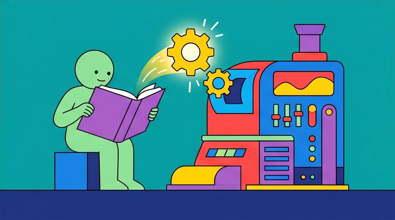 A person reading a book, with knowledge turning into a tangible gear to build a new life, representing actionable self-help reading.