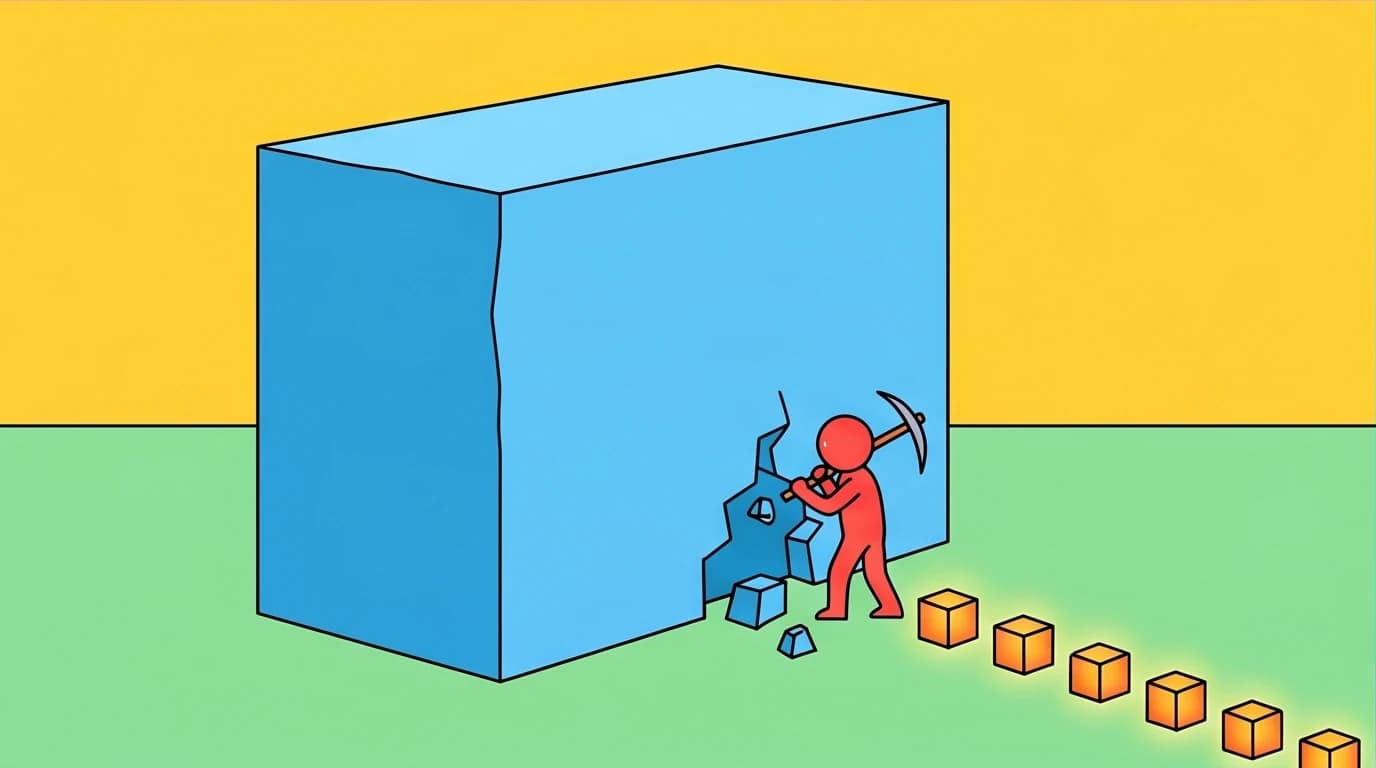 A character using a small tool to break down a huge wall, illustrating the power of atomic habits in overcoming self-sabotage.