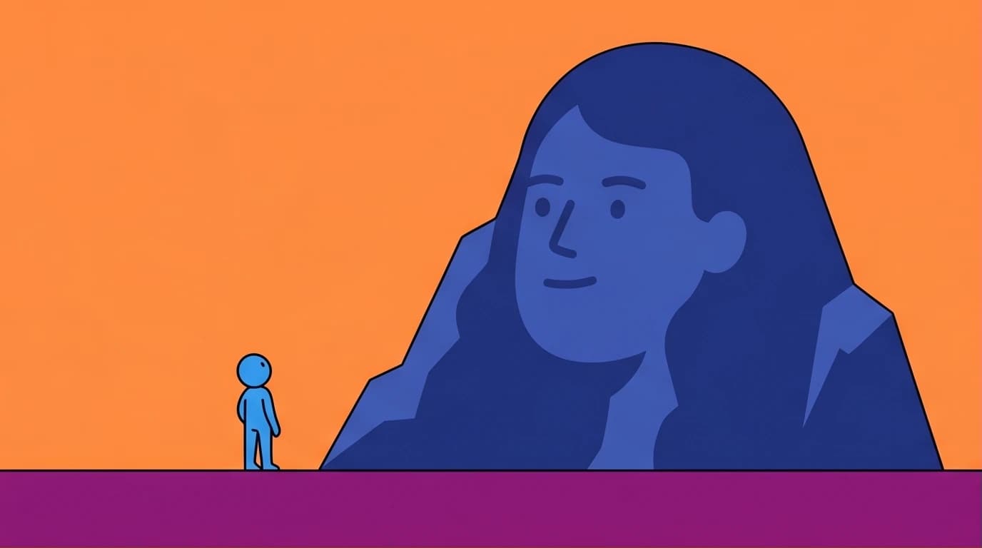 Illustration of a person facing a giant mountain shaped like their own head, symbolizing overcoming self-sabotage with books like The Mountain Is You.