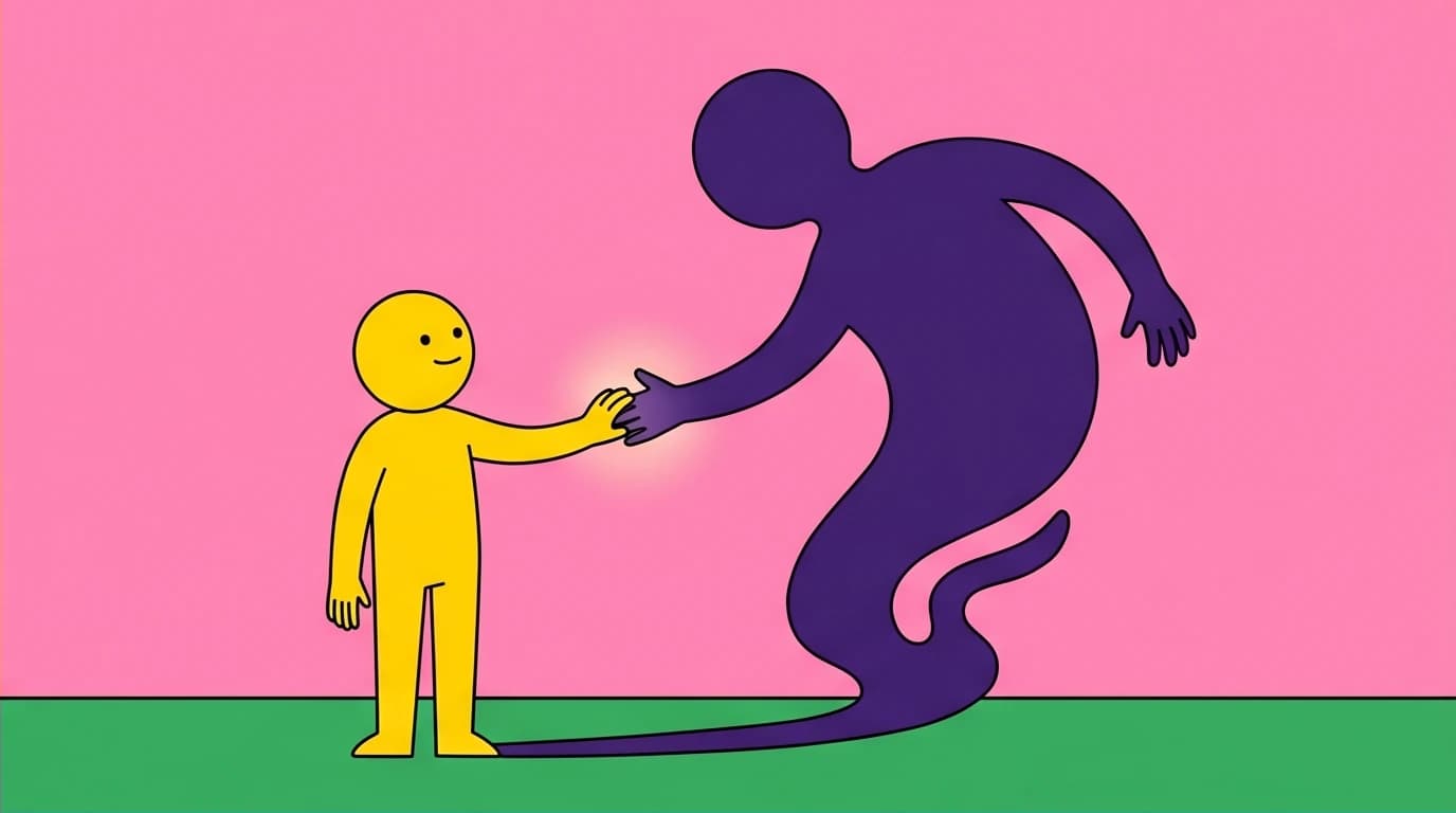 A person embracing their large shadow, representing the concept of shadow work and inner healing to stop self-sabotage behaviors.