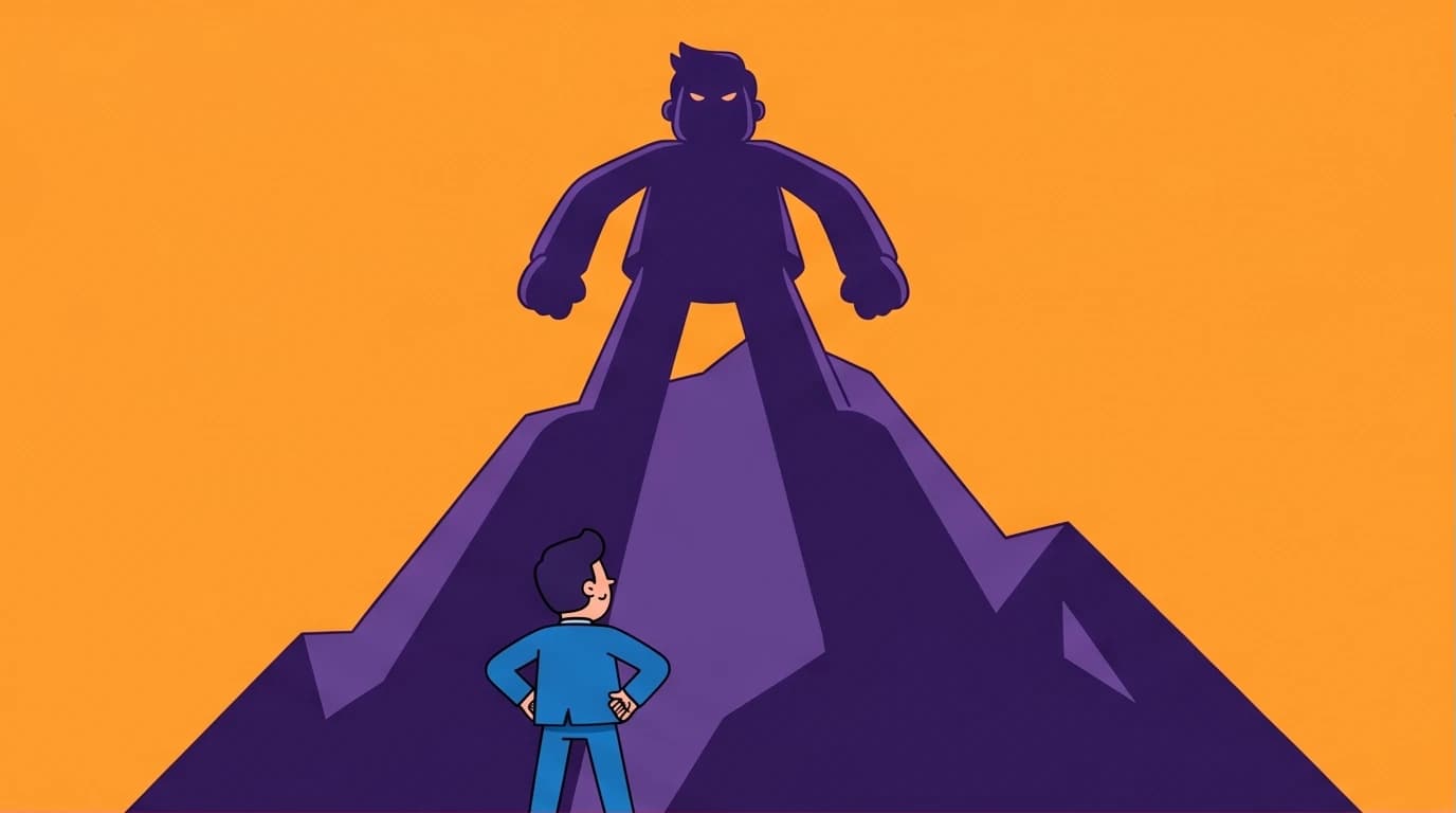 Illustration of a person realizing the mountain they must climb is their own silhouette, a metaphor for self-sabotage from books like The Mountain Is You.
