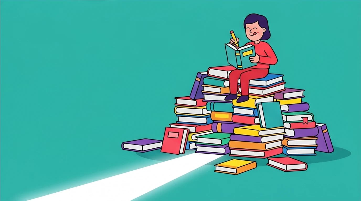 Illustration of the self-help trap, where a person is stuck in a pile of books, symbolizing the illusion of progress in personal growth and shadow work.