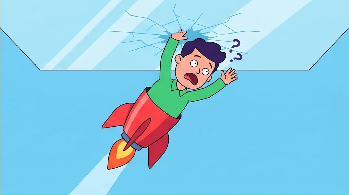 A character hitting an invisible glass ceiling called the Upper Limit Problem, a key concept for overcoming self-sabotage and mastering your mind.