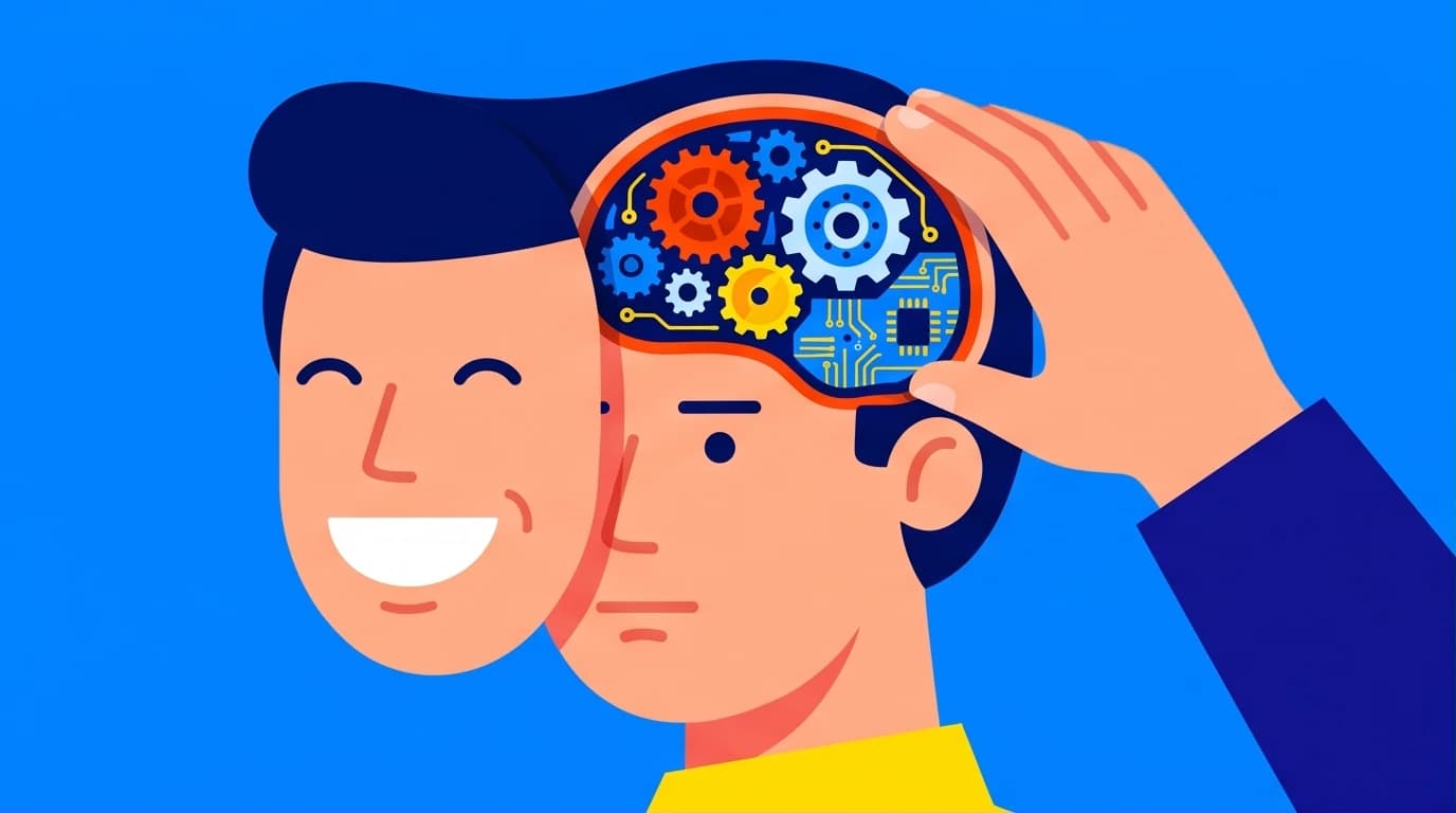 An illustration showing a mask being peeled from a face to reveal gears, representing the hidden psychology of psychopaths and antisocial personality disorder.