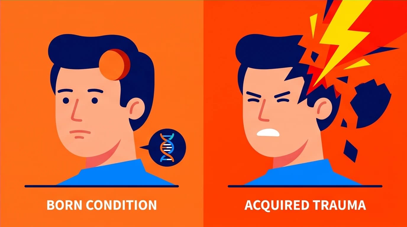 A split image comparing a psychopath born with a deficit (nature) versus a sociopath created by trauma (nurture), explaining key psychological differences.