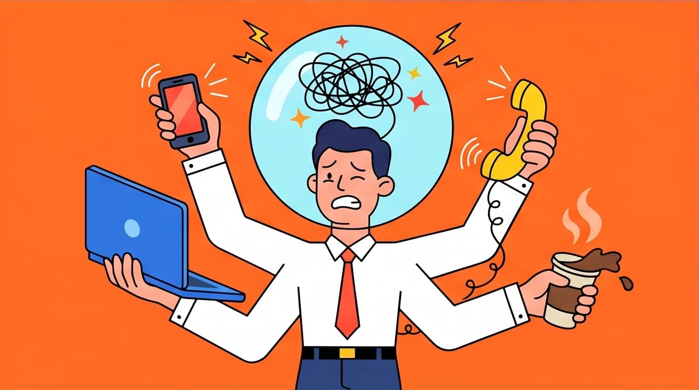 A depiction of burnout from multitasking, a key killer of personal productivity and a barrier to efficient work.