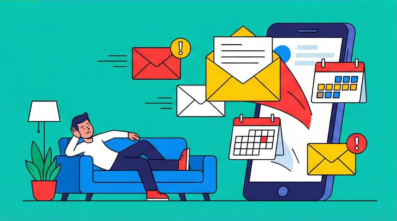 Illustration of work emails invading personal time, a concept from the Boundaries book summary on setting limits with your job.