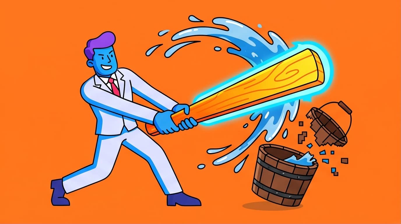 Illustration of a professional shattering the old Wooden Bucket Theory, a concept representing the modern career shift from fixing the shortest plank effect to strength maximization.