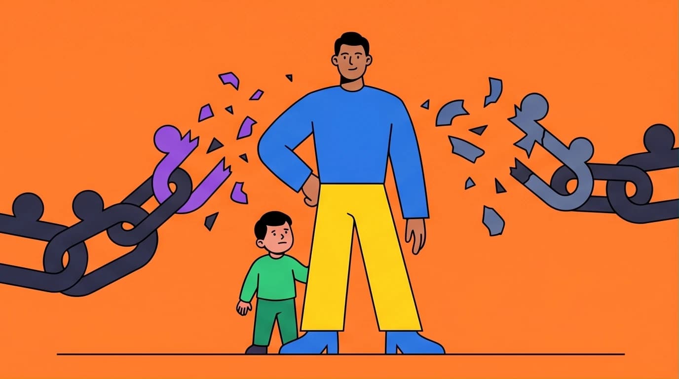 Illustration of a parent breaking a chain of generational trauma, protecting their child from inherited emotional patterns to change their family's trajectory.