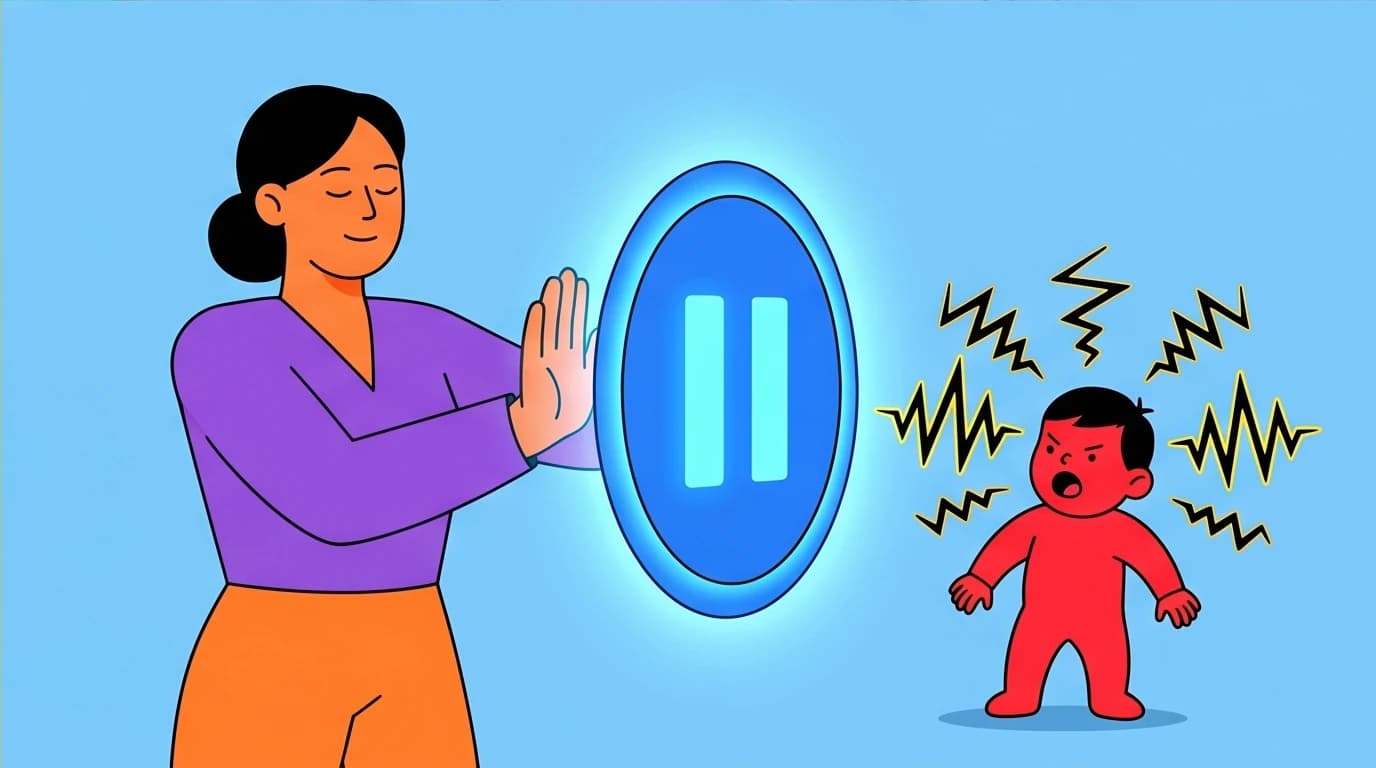 A parent uses the 'sacred pause' technique to manage a trigger, a key step in breaking the cycle of generational trauma in conscious parenting.