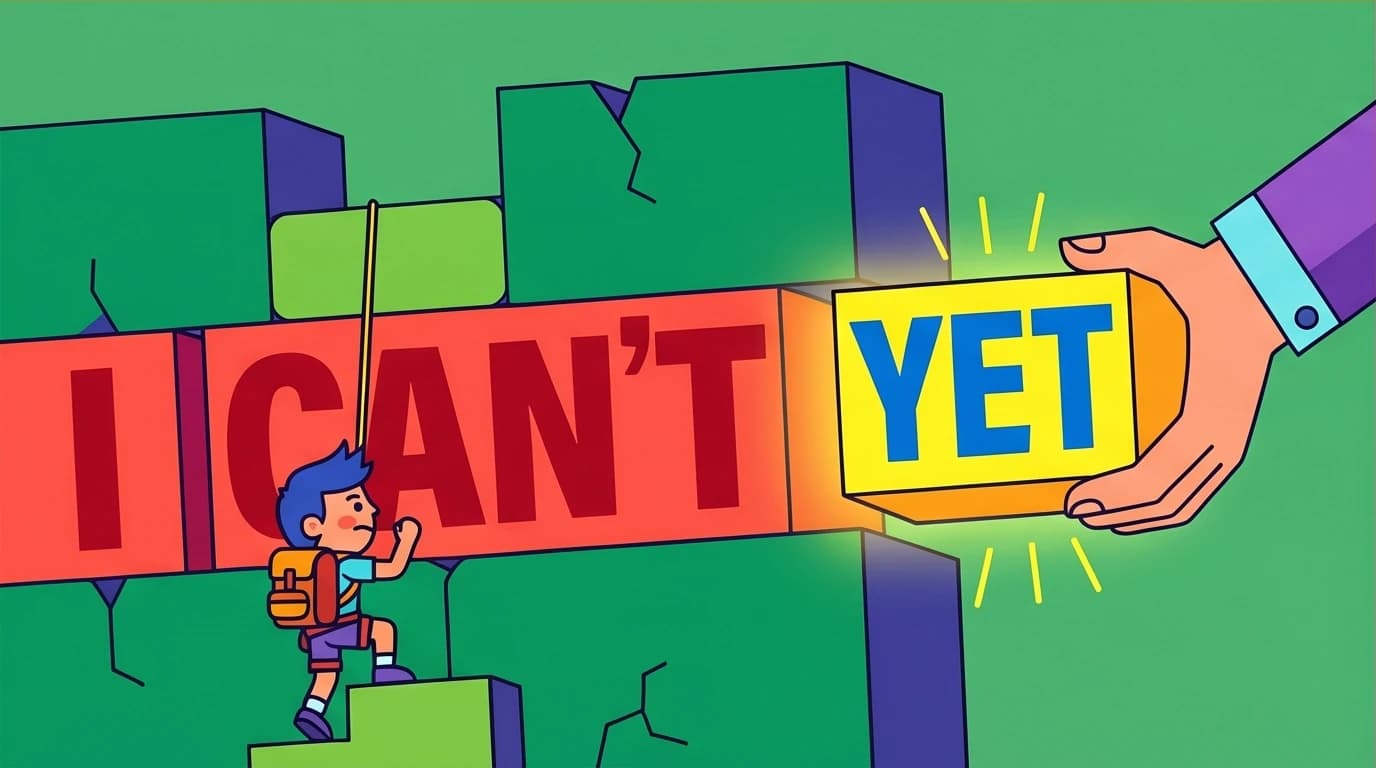 A child adding a 'YET' block to an 'I CAN'T' wall, symbolizing the power of a growth mindset in parenting to overcome challenges and build resilience.