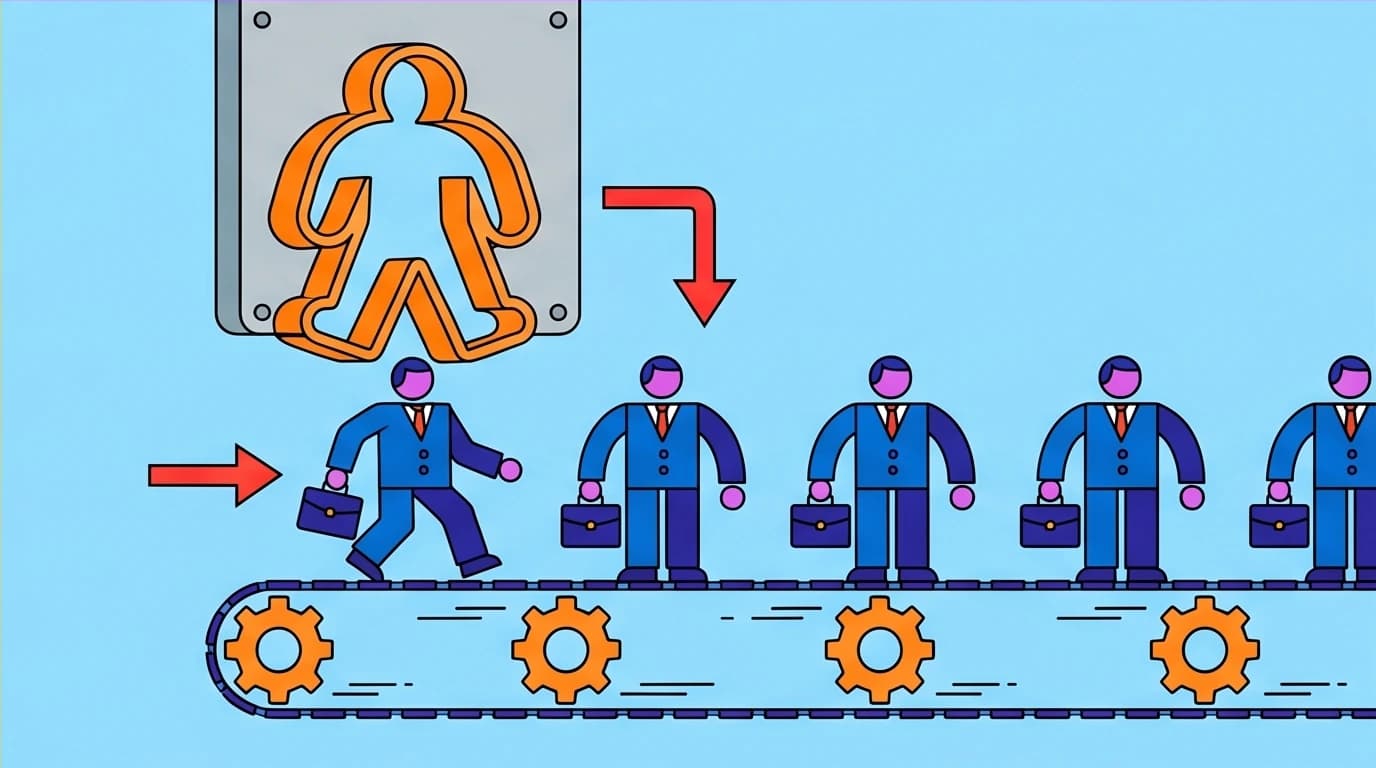 An illustration visualizing a common StoryBrand criticism, where the marketing framework can feel too formulaic or cookie-cutter.