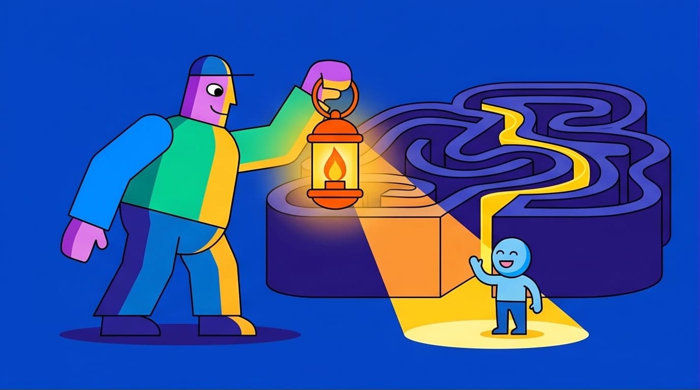 A conceptual illustration for a Building a StoryBrand review showing a brand guide clarifying a complex path for a customer hero.