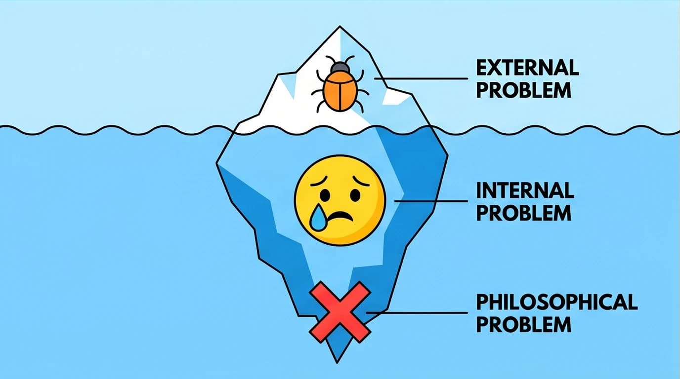 An iceberg diagram explaining the StoryBrand framework's three levels of problems: external, internal, and philosophical, key to clear marketing.