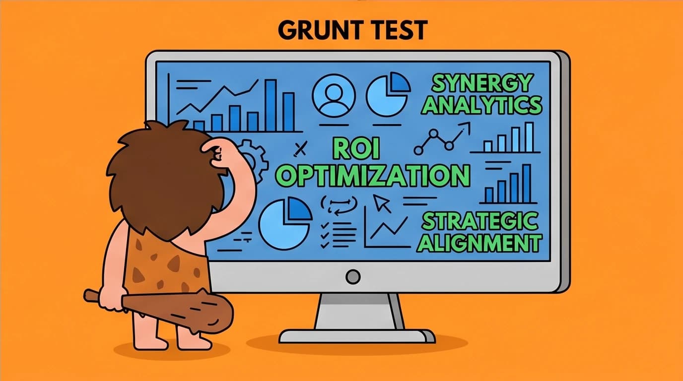 A cartoon caveman confused by a website, illustrating the 'Grunt Test' from Donald Miller's Building a StoryBrand book summary for message clarity.
