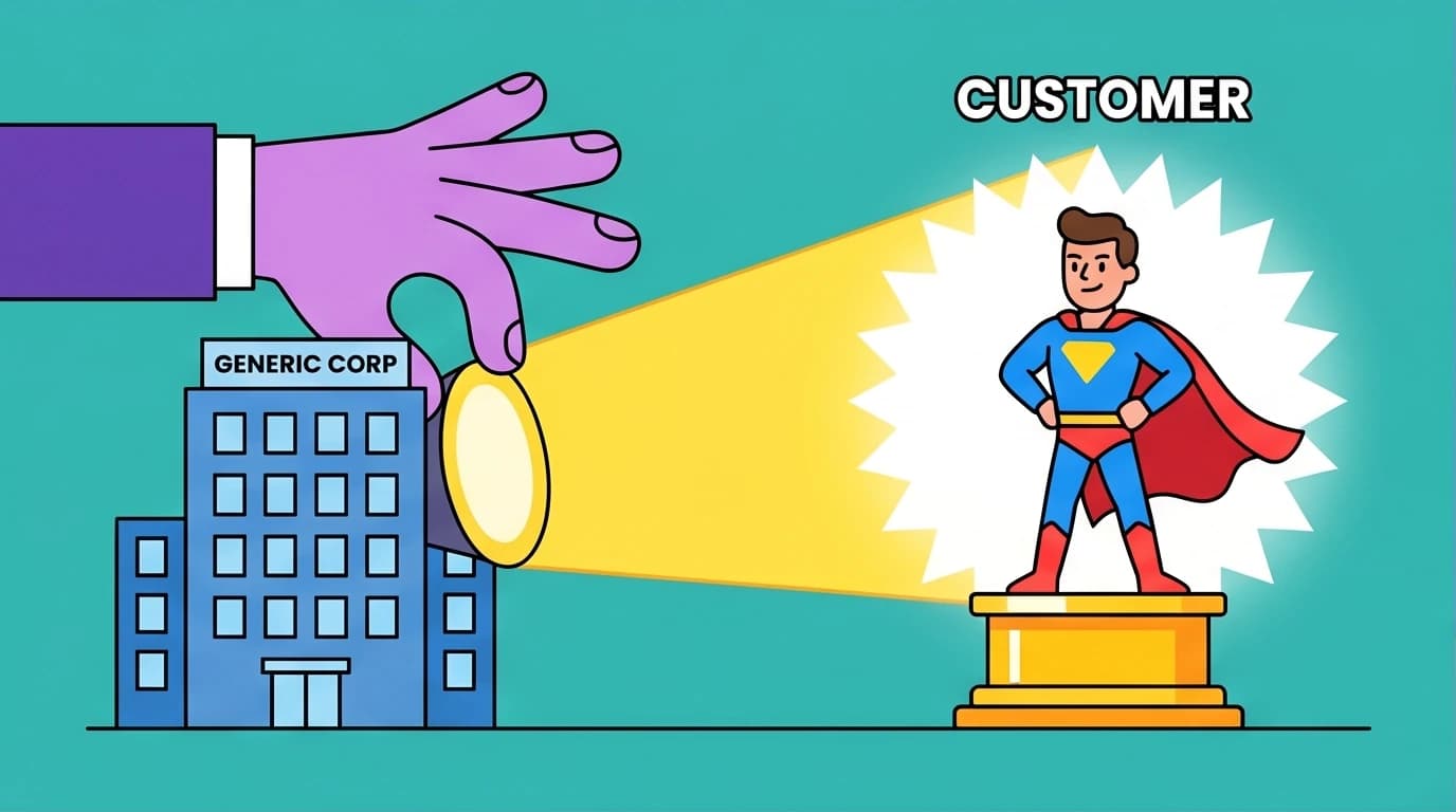 Illustration showing a spotlight moving from a company to a customer, summarizing the core idea of Donald Miller's StoryBrand framework.