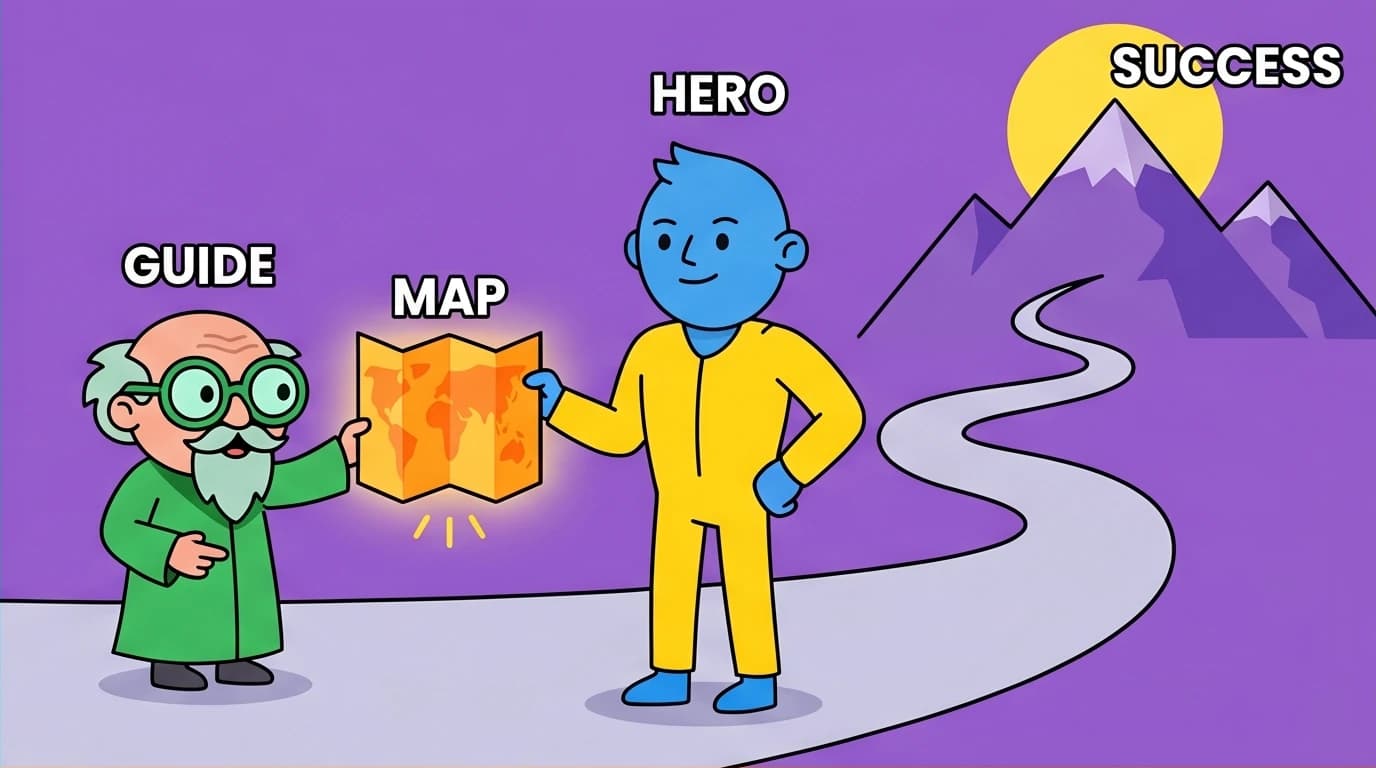 A visual summary of the StoryBrand concept: a small guide character helping a large hero character, representing how a business should serve the customer.