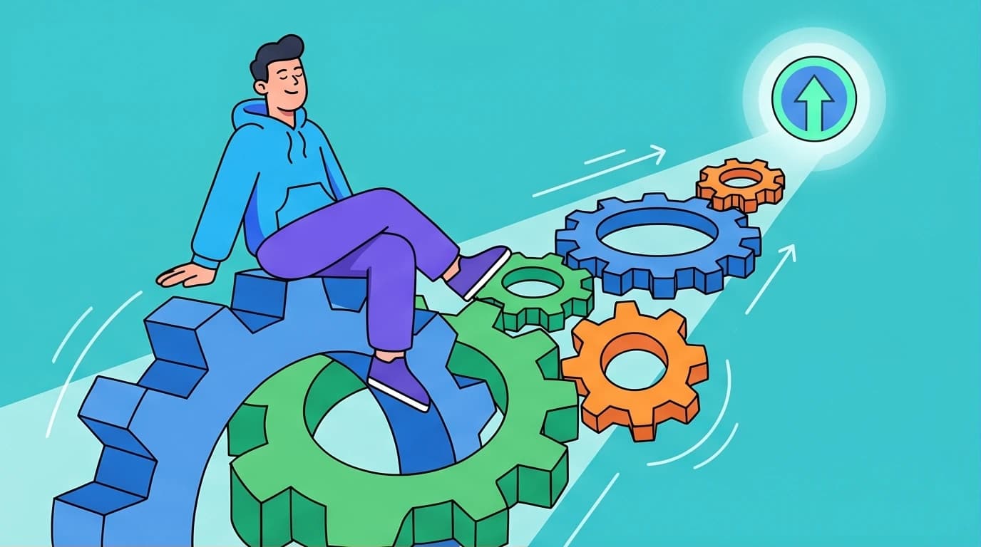 Illustration of a person on a gear system, showing how building habits creates an automated engine to achieve goals successfully.