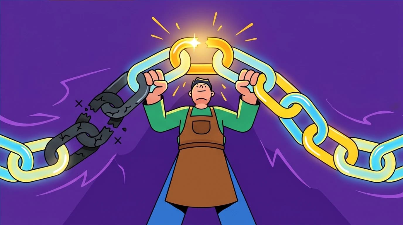 An illustration of a person repairing a broken chain, a metaphor for the 'never miss twice' rule for how to stick to your goals.