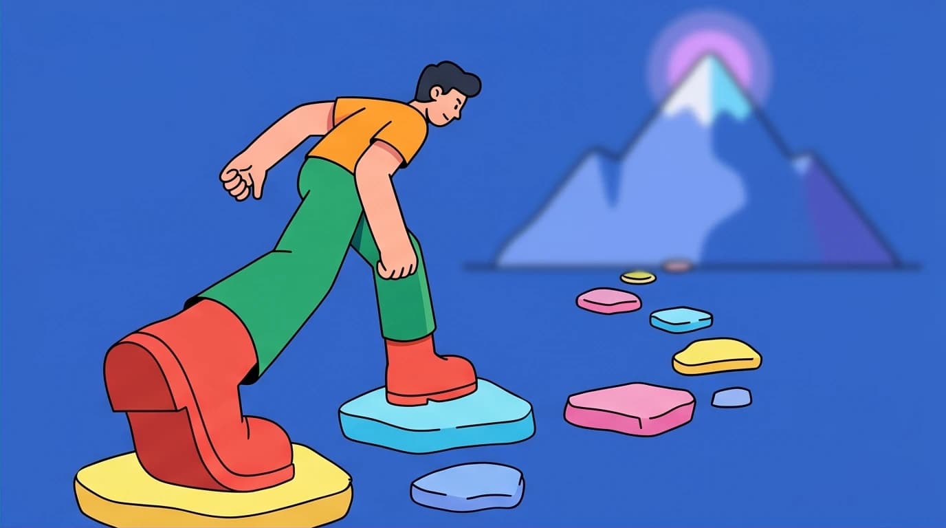 A character focusing on the next step, not the distant mountain, illustrating the concept of systems vs goals for building habits.