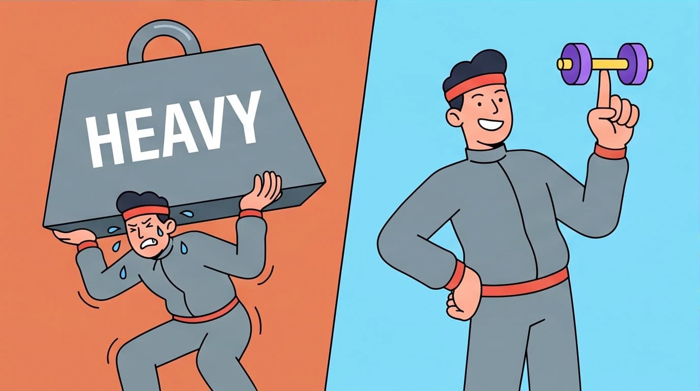A person easily lifting a tiny weight, representing the two-minute rule for scaling down daily habits for success.