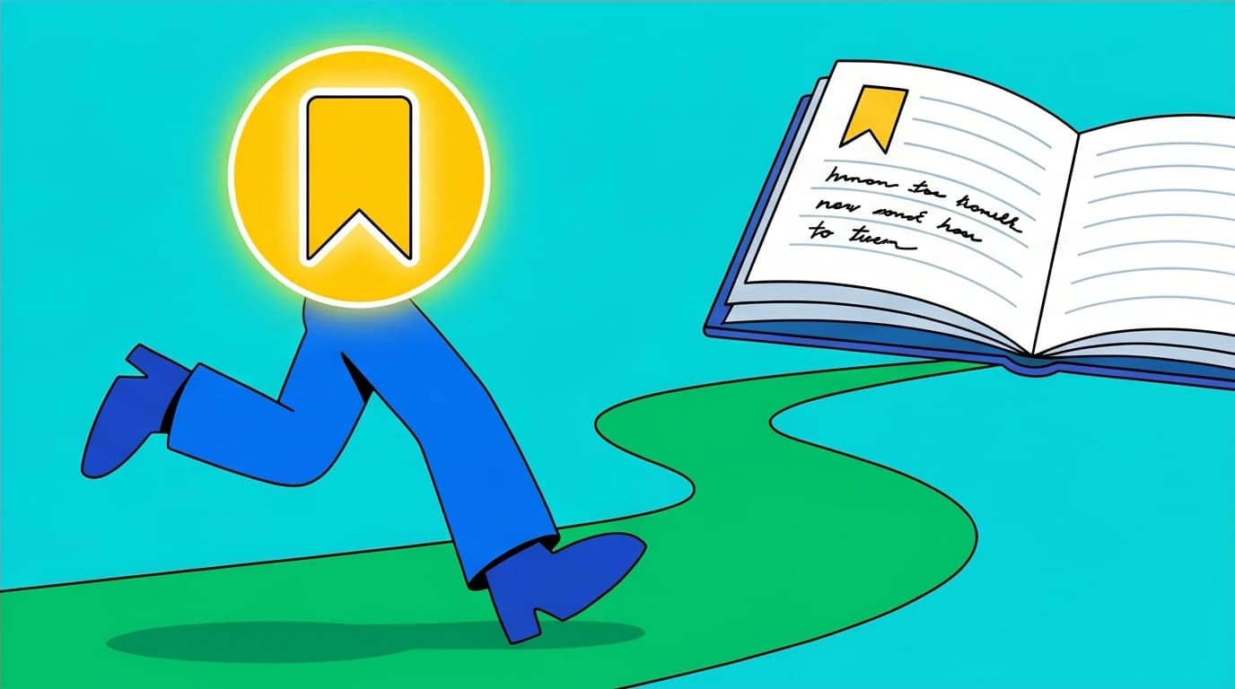 An illustration of a runner using the Audible bookmark feature to save challenges from the Can't Hurt Me audiobook for later review in a notebook.