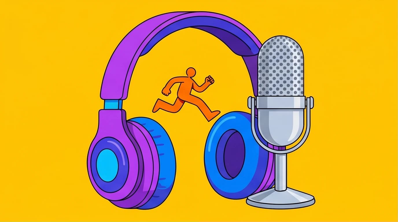 An illustration of giant headphones merging with a podcast microphone, symbolizing the unique podcast format of the Can't Hurt Me audiobook by David Goggins.