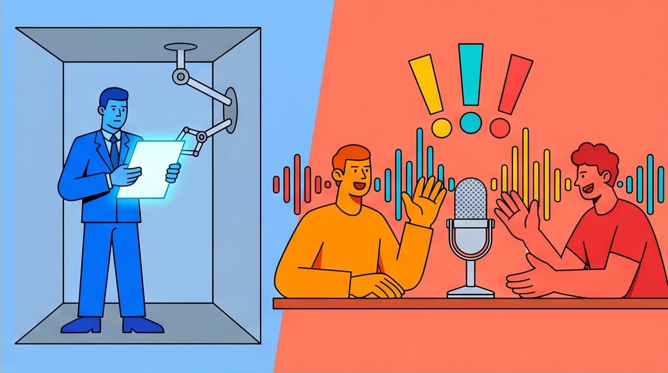 A visual contrast between a traditional narrator and the dynamic podcast conversation in the Can't Hurt Me audiobook, showing the format's genius.