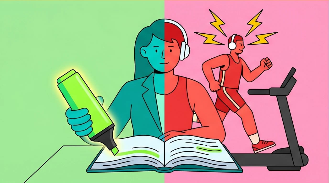 A split image showing a person reading the physical book vs listening to the Can't Hurt Me audiobook, representing the debate for different learning styles.