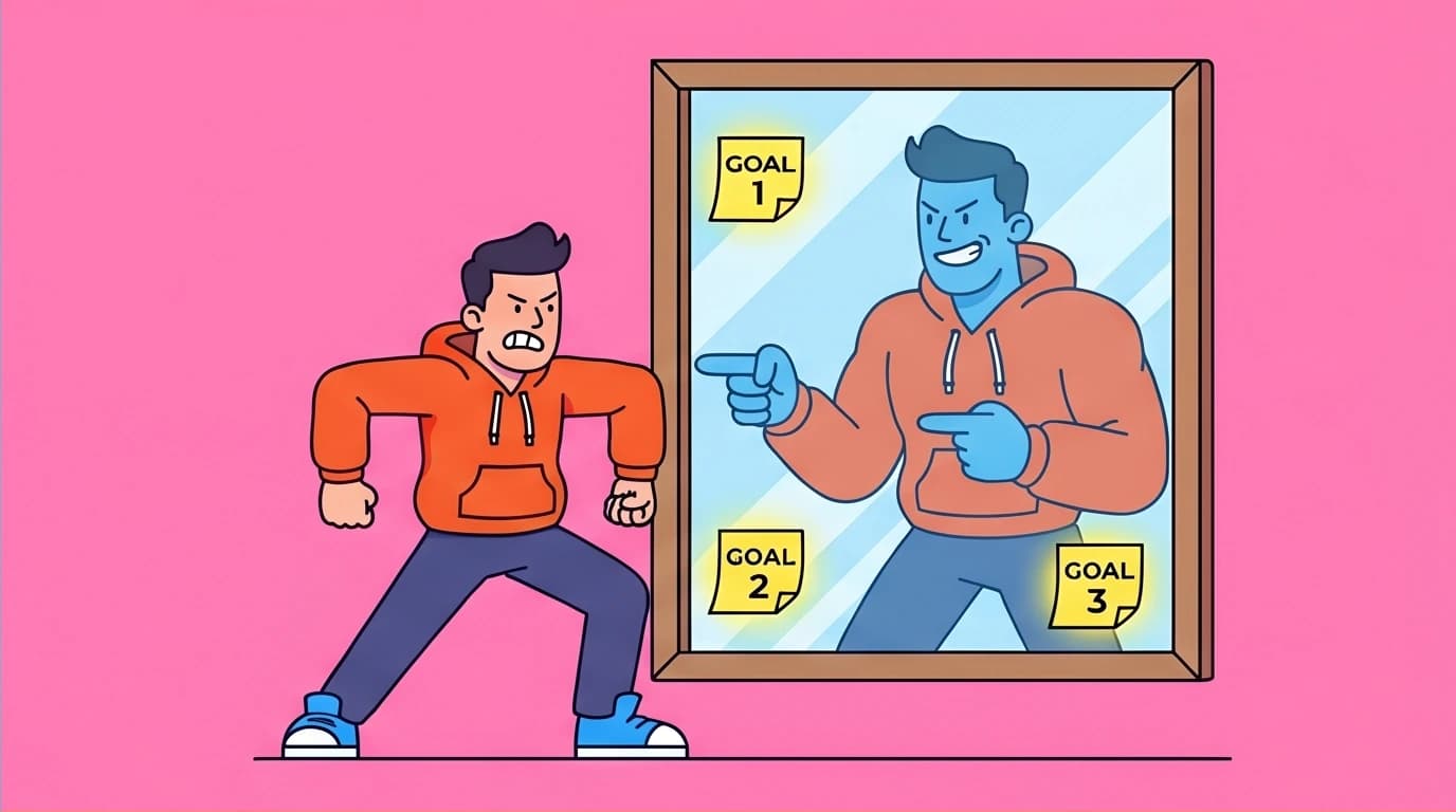 A character using the Accountability Mirror from Can't Hurt Me to take extreme ownership and confront their goals for self-improvement.