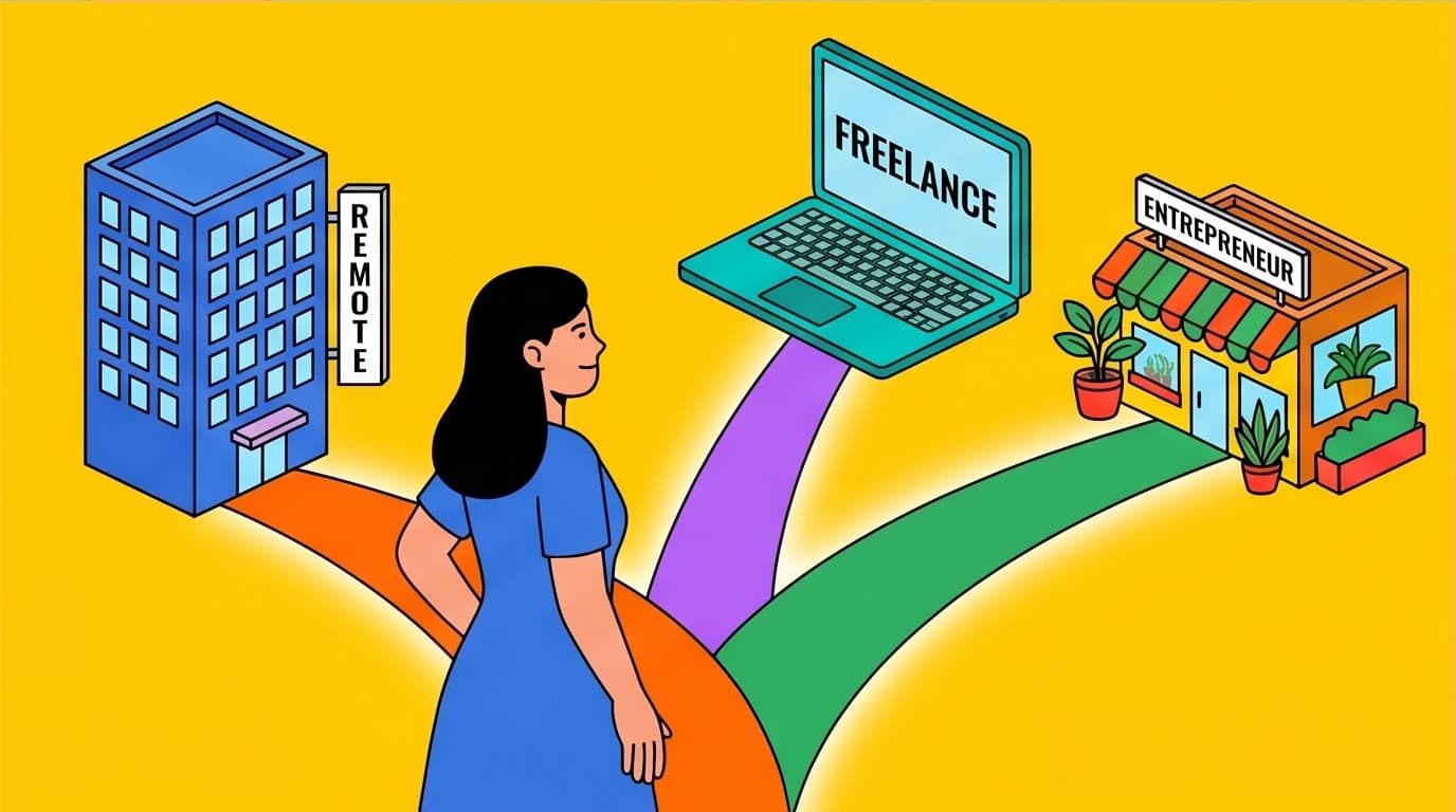 A mom at a crossroads choosing a career path: remote work, freelance, or entrepreneurship. Flexible options for a career change.