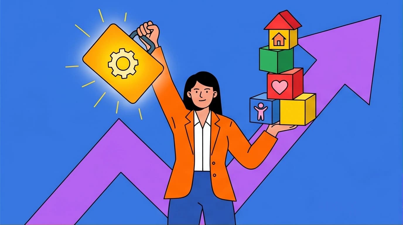 Illustration of a mom making a successful career change, balancing a briefcase (work) and blocks (family) to find a new path.