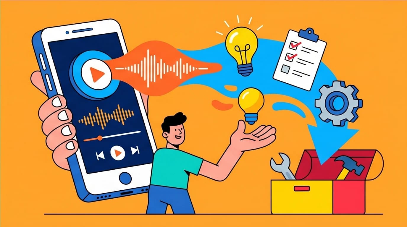 A listener turning abstract podcast ideas into tangible tools for their toolbox, representing the process of applying work advice for professional growth.