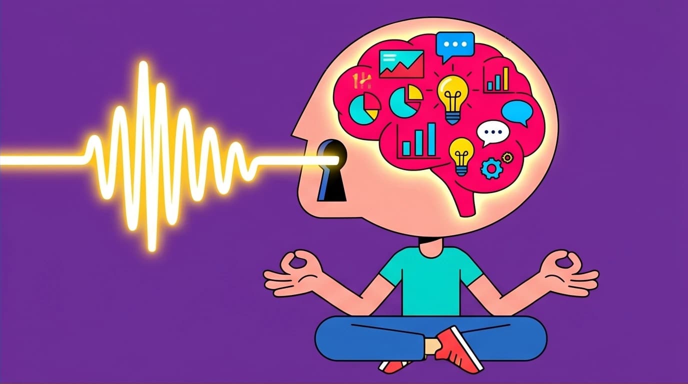 Illustration of a podcast unlocking a person's brain, symbolizing how listening provides essential work advice and business thinking skills for career growth.