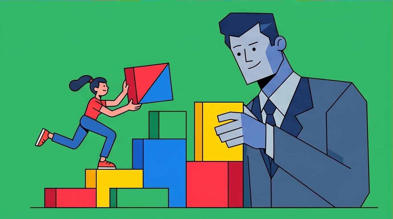 A character strategically building a path toward a manager, an analogy for upward management skills learned from a professional development podcast.