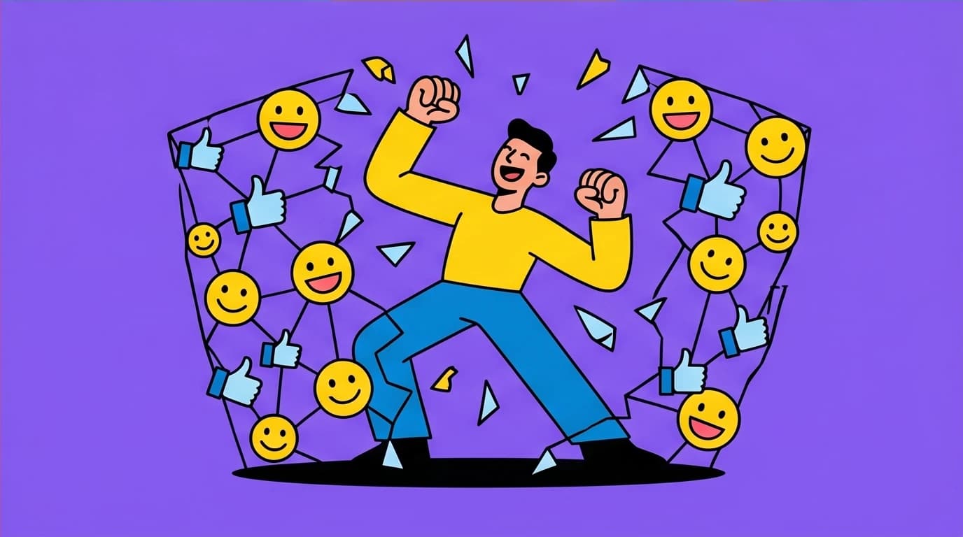 A character breaks free from a cage of 'like' icons, finding the courage to be disliked and overcoming the people-pleasing mindset.