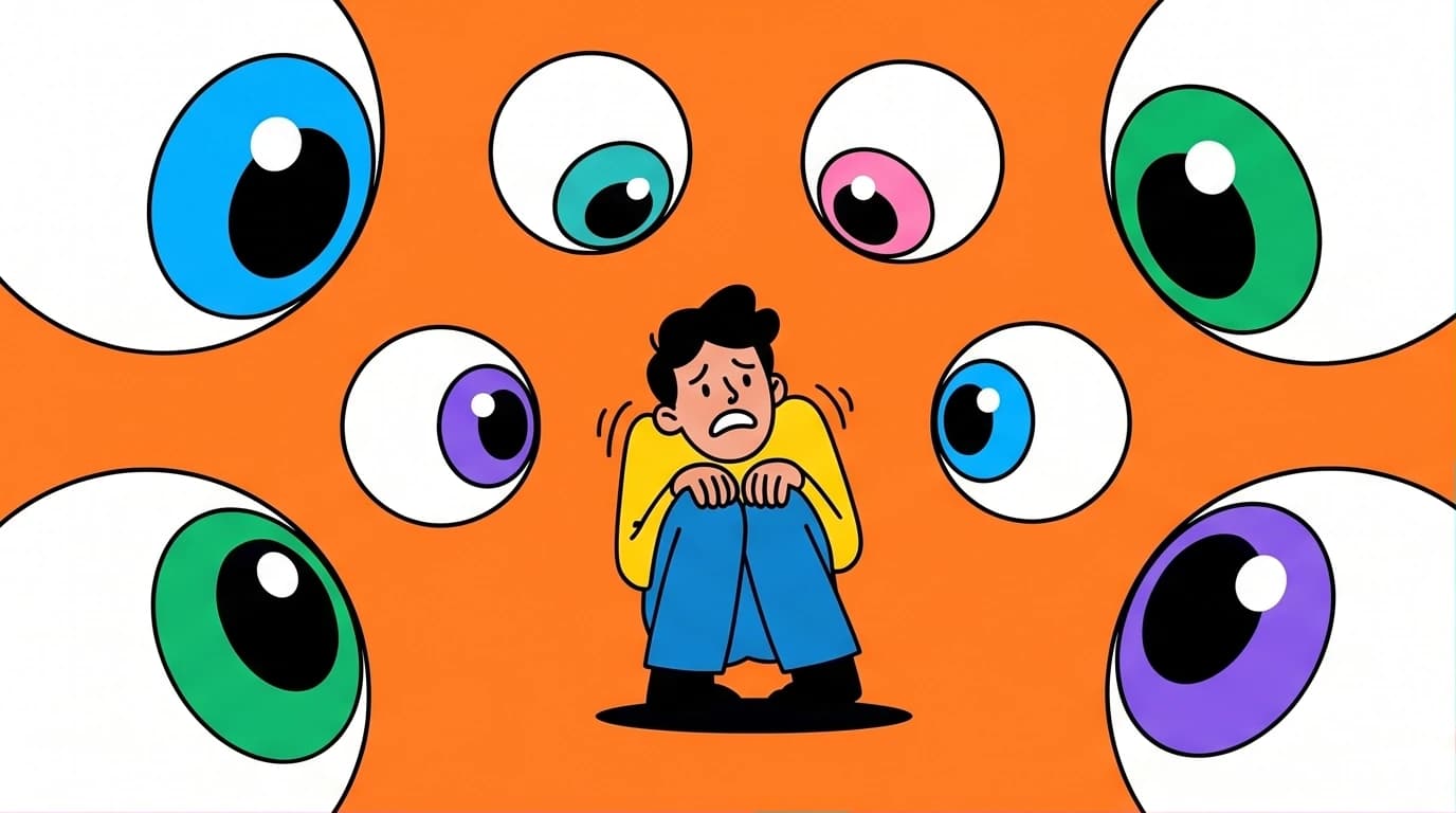 A person feels trapped by giant eyes, illustrating the anxiety of a people-pleasing personality and the constant fear of what others think.