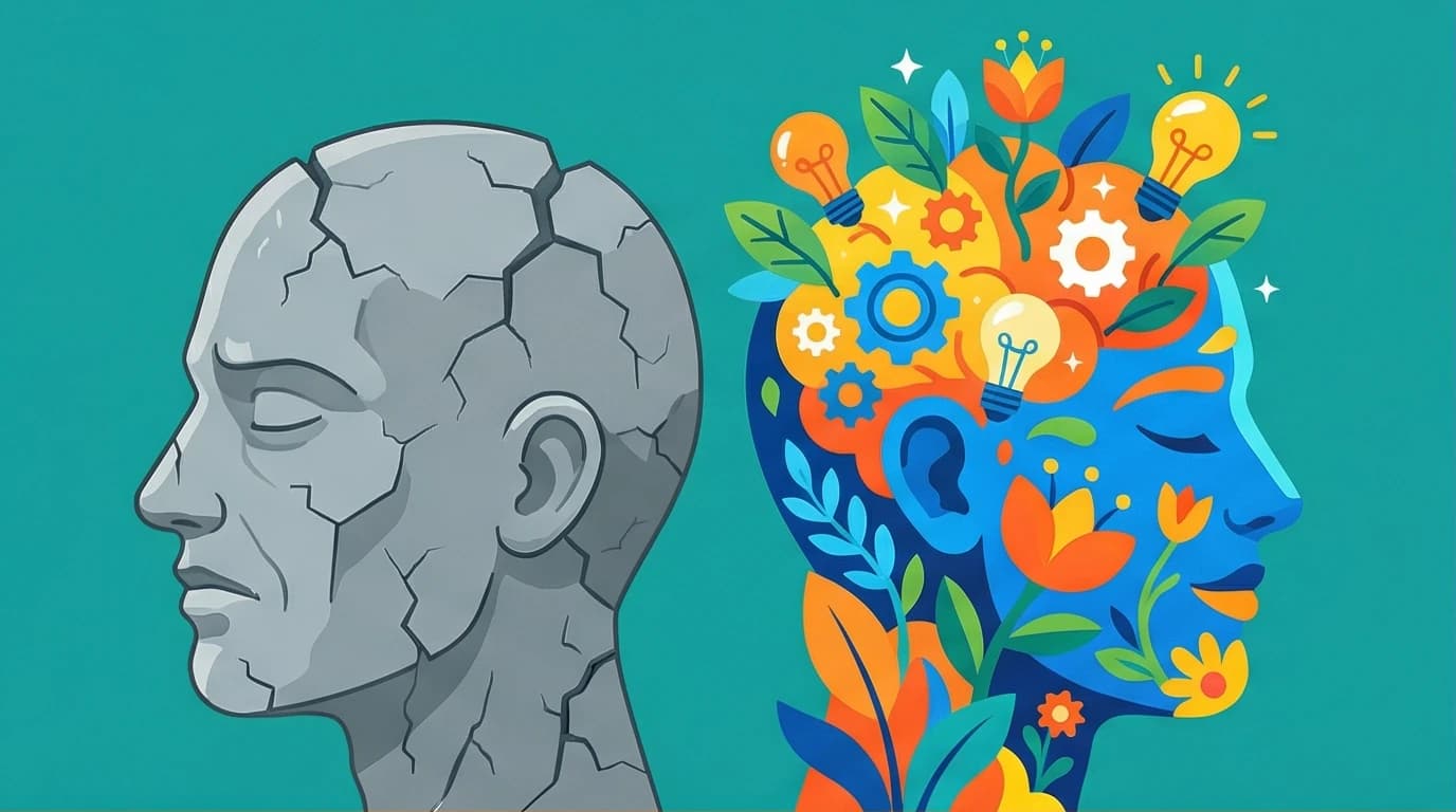 An illustration showing the difference between a static, stone-like fixed mindset and a dynamic, creative growth mindset, inspired by Carol Dweck's quotes.