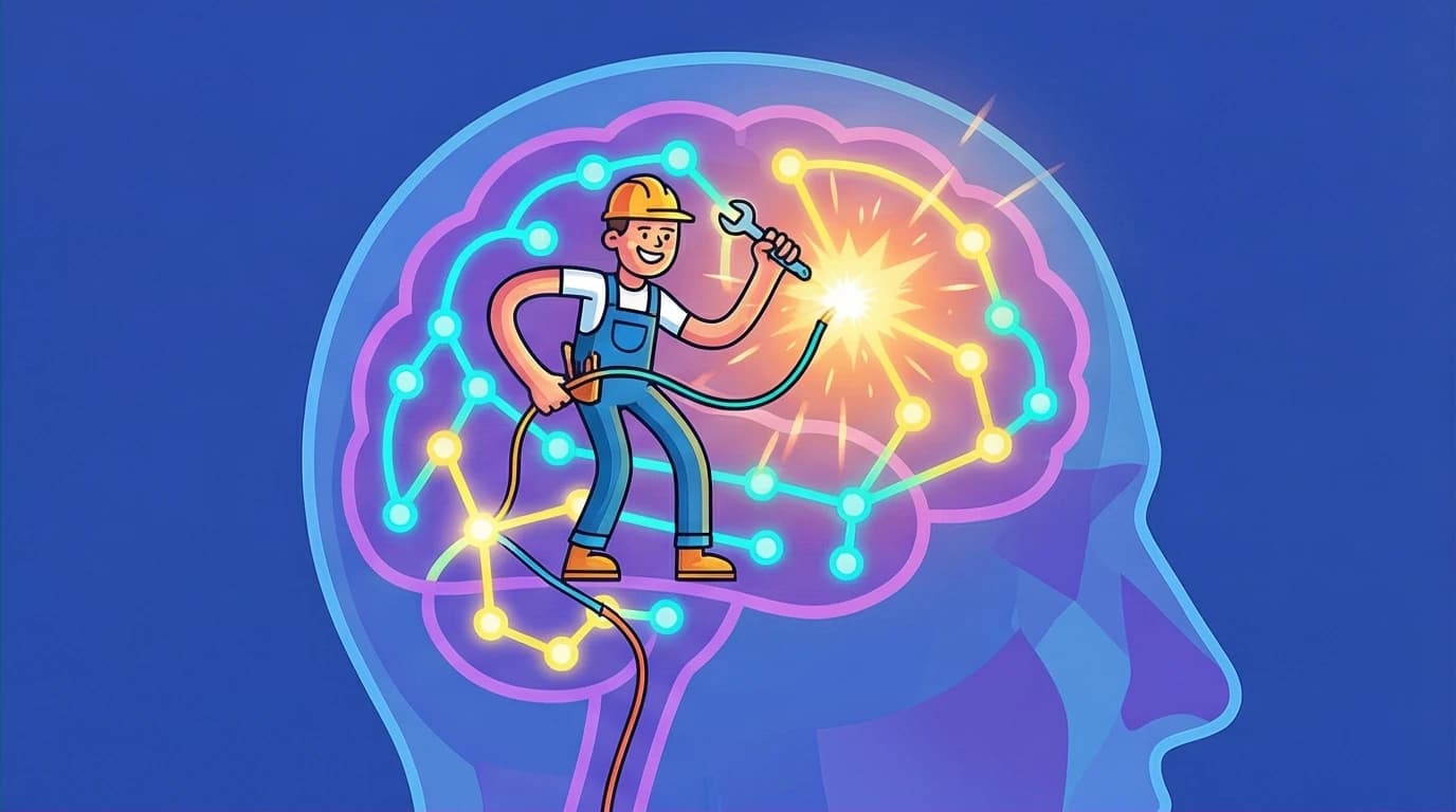 A Corporate Memphis illustration of a brain forming new neural pathways, visualizing the concept of neuroplasticity and learning from Carol Dweck's growth mindset.
