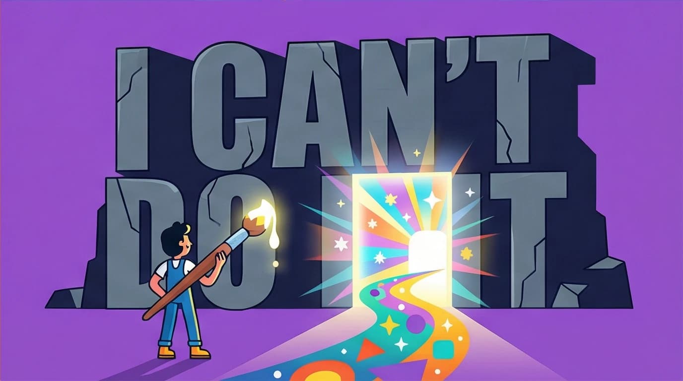 A visual metaphor for Carol Dweck's "power of yet" concept, where adding the word "yet" to a wall of "I can't" creates a door to a new path of learning and growth.