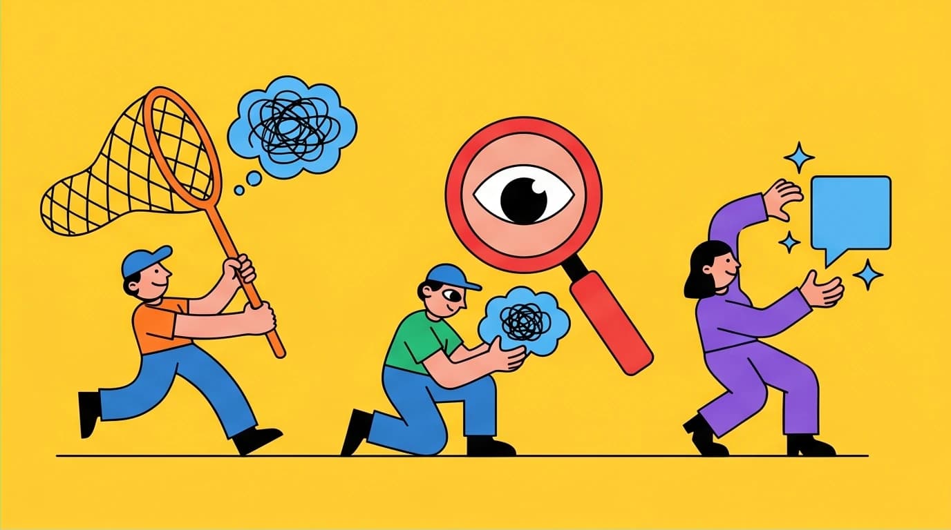A visual guide to the 'Catch It, Check It, Change It' CBT exercise, showing a person capturing and analyzing a negative thought pattern.