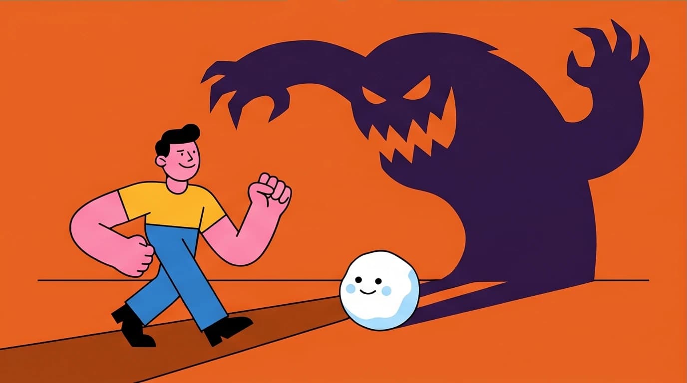 An illustration of decatastrophizing, a CBT technique where a person confronts a small worry, ignoring its huge, anxious shadow.