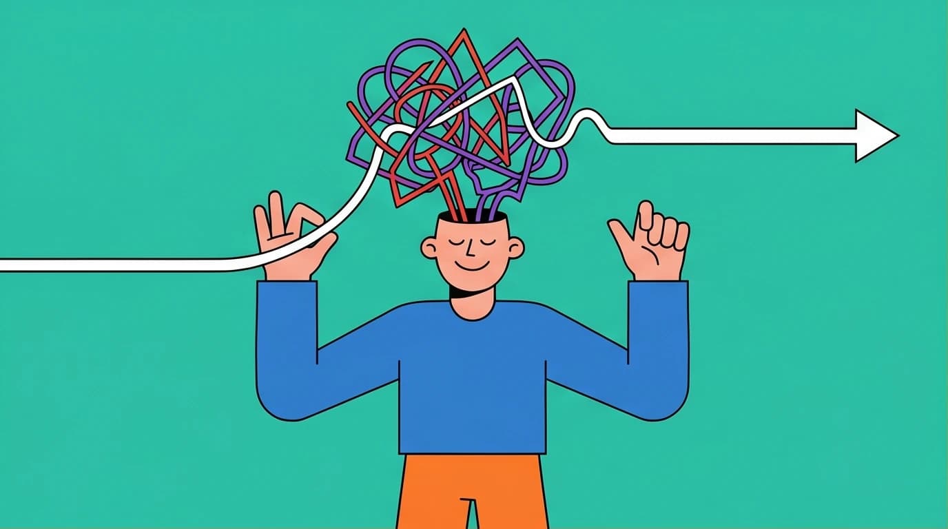 An illustration of a person using CBT exercises for anxiety to untangle chaotic thoughts into a clear, manageable line for real-time relief.