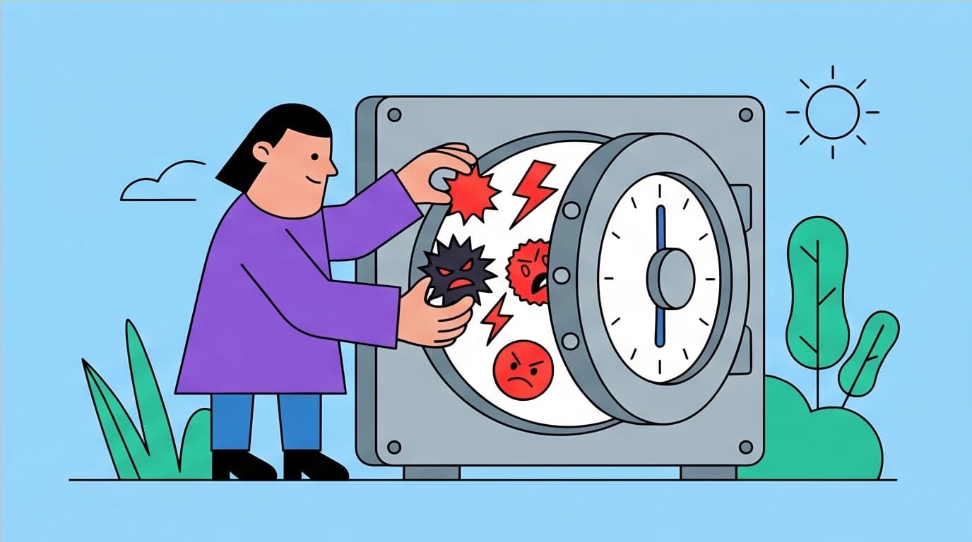 A person using the 'Scheduled Worry Time' CBT exercise to lock anxious thoughts in a box, a technique to manage anxiety effectively.