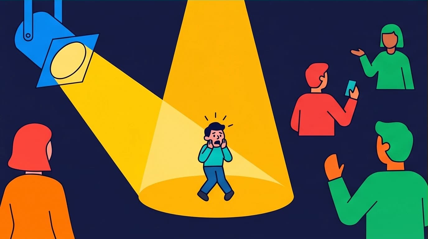 Illustration of the spotlight effect, a cognitive distortion in social anxiety where a person feels constantly judged, a core target of CBT.