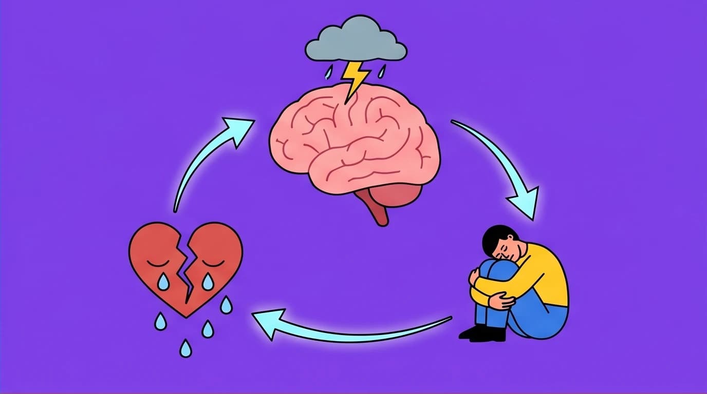 A diagram showing the CBT anxiety cycle: how negative thoughts, anxious emotions, and avoidance behaviors reinforce each other in a loop.