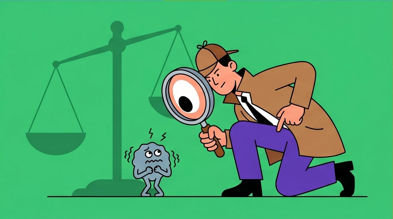 A key step in CBT self-help: a person acts as a detective, using a magnifying glass to challenge and check anxious thoughts for objective evidence.