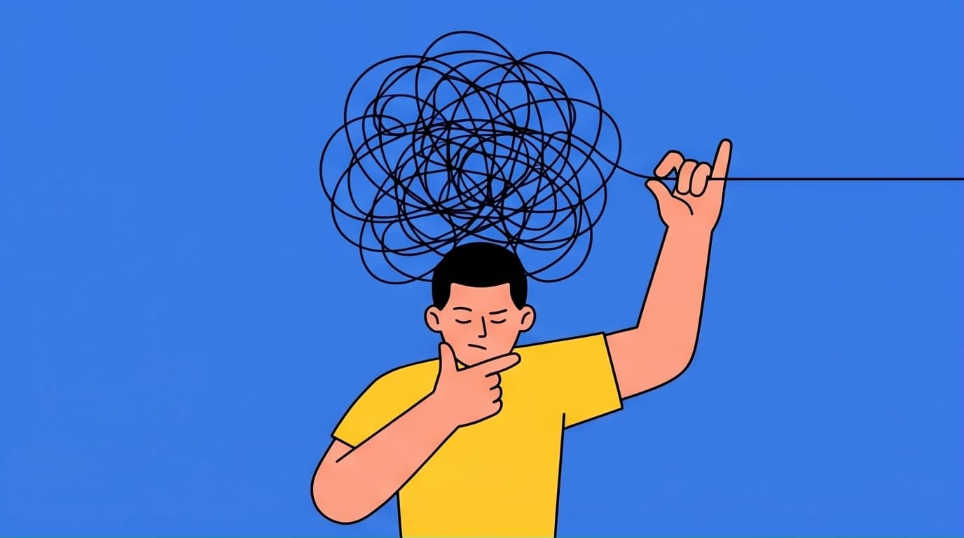 An illustration of a person using Cognitive Behavioral Therapy (CBT) self-practice techniques to untangle chaotic negative thoughts to overcome anxiety.