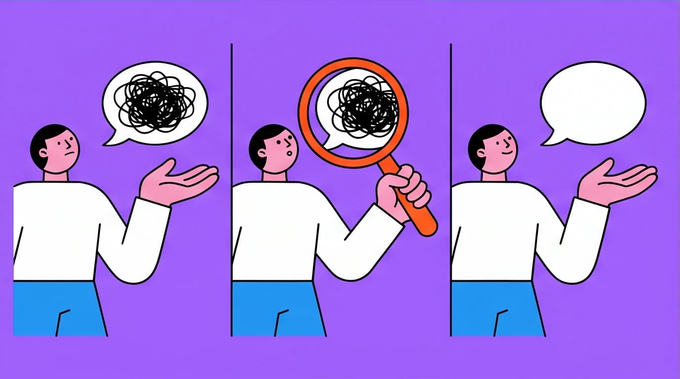 A three-step visual guide to cognitive restructuring: catching, checking, and changing negative thoughts as a CBT technique for anxiety.